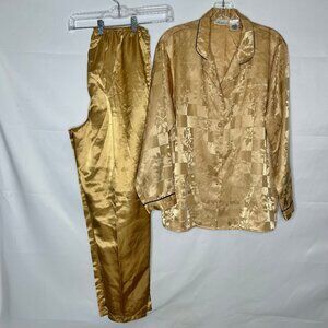 (SOLD)Secret Treasures Pajama Set sz Lg Gold Satin Textured Floral Pants & Top